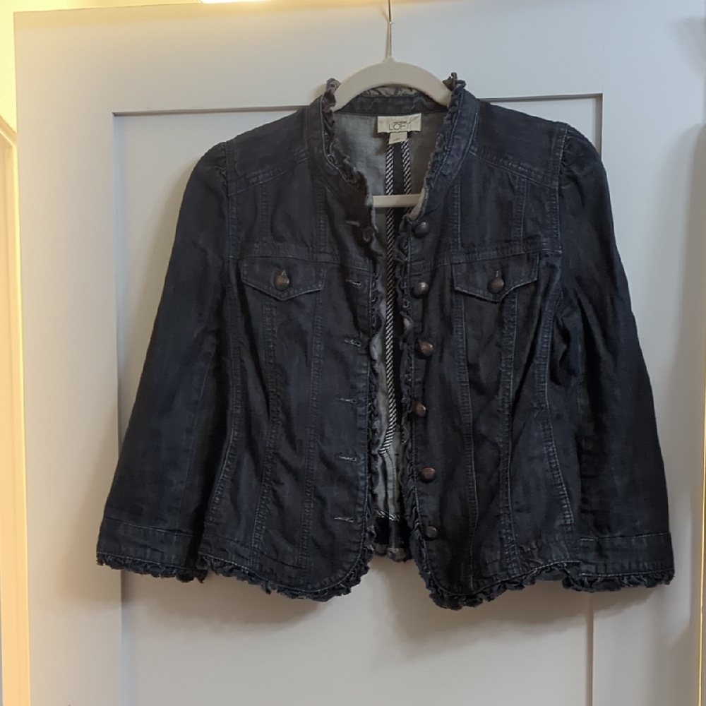 Loft  Dark Jean Jacket with Ruffle Trim, Size 6